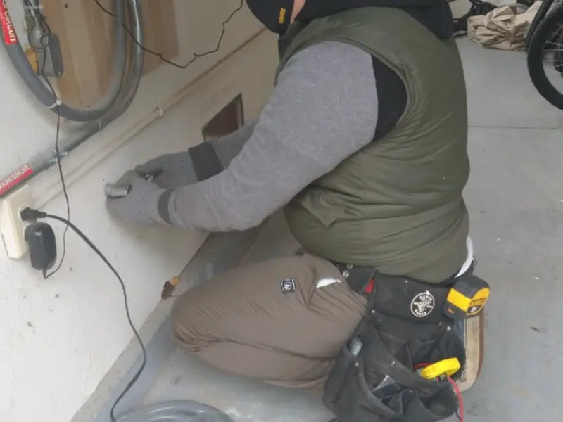 Electrician performing outlet wiring in a Pana garage